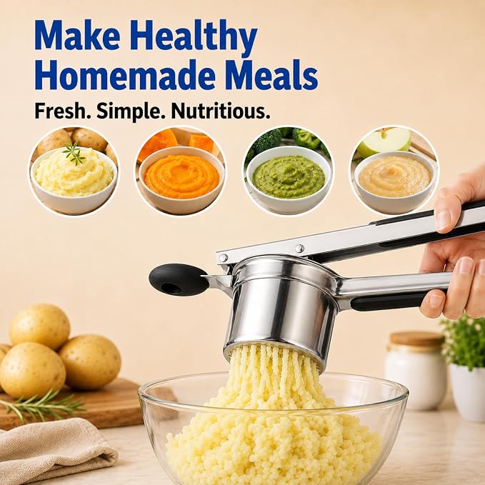 15 oz Stainless Steel Potato Ricer with 3 Interchangeable Plates, Large Capacity, Dishwasher Safe, Silicone Handles, Perfect for Mashed Potatoes, Baby Food, Vegetables & More