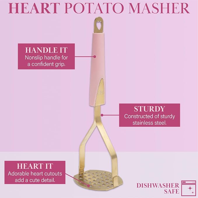 Paris Hilton Potato Masher, Heart-Shaped Stainless Steel Design, Non-Slip Handle, Dishwasher Safe, Pink