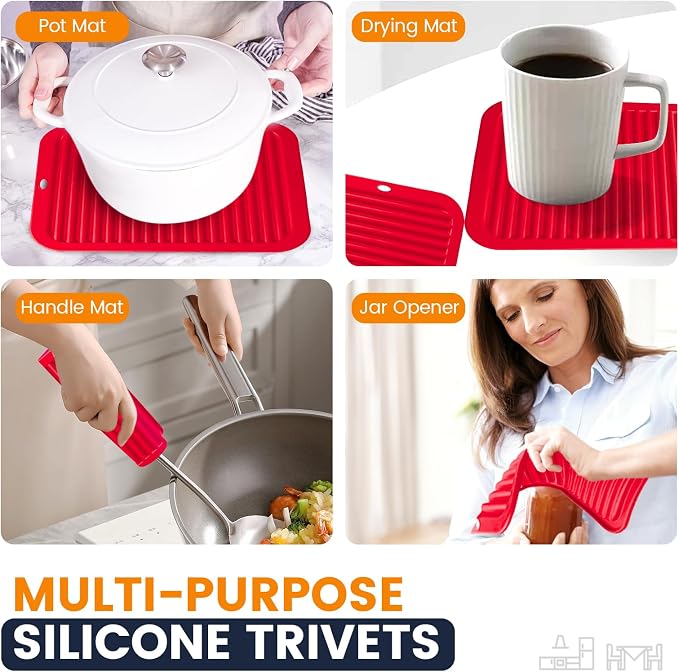 Silicone Trivet Mats 4 Heat Resistant Pot Holders Multipurpose Non-Slip Hot Pads for Kitchen Potholders, Drying mat, Jar Opener, Spoon Holder, Coaster(Crimson red)