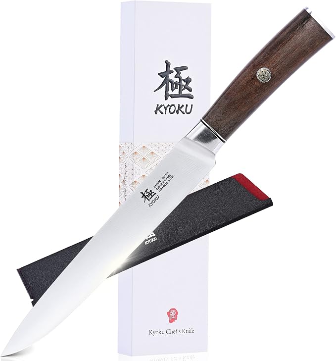 KYOKU 8 Inch Carving Knife - Daimyo Series - Meat and Fruit Slicing Knife with Ergonomic Rosewood Handle, & Mosaic Pin - Japanese Style 440C Stainless Steel Kitchen Knife with Sheath & Case