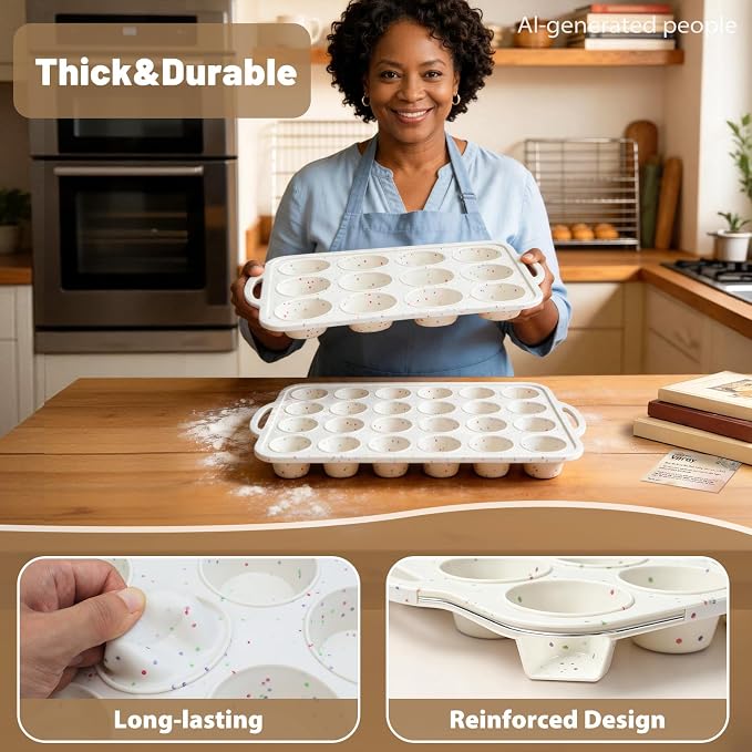Silicone Muffin Pan Set: Non Stick 12 & 24 Silicone Muffin Pans for Baking Easy Release - Complete Shaping Each Use Avoid Re‑baking - BPA-free Cupcake Tin Reinforced Frame for Oven Home Bakers