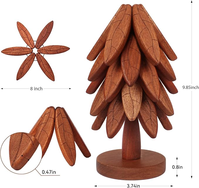 Wooden Trivet Set with Stand, 5 Pcs Tree Leaf Pattern Hot Pot Holders for Kitchen, Heat Resistant Sapele Wood Coasters for Hot Dishes, Pans, Teapots - Decorative Countertop Storage (Texture- 5 Pcs)