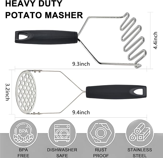 2PCS Heavy Duty Potato Masher, Sturdy Masher, Stainless Steel Food Masher Tool for Potatoes, Avocados, Beans, Fruit & Vegetables