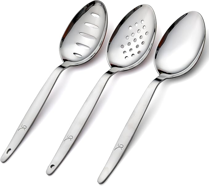3-PCS Kunz Spoon | 9 Inch 18/10 Stainless Steel Serving Spoons Set Include Serving Spoon, Slotted and Perforated Spoons (Medium 9 Inch, 3 Pack All Kunz)