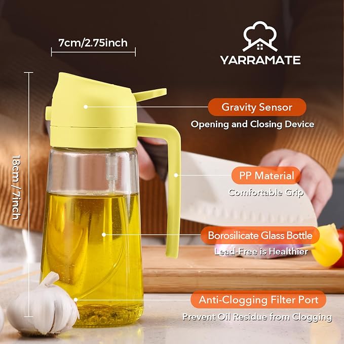 YARRAMATE 16oz/470ml Glass Olive Oil Sprayer for Cooking with Stickers, 2 in 1 Oil Dispenser for Kitchen Gadgets, Food Grade Premium Spray Bottle for Salad, Frying, BBQ (Pomelo)