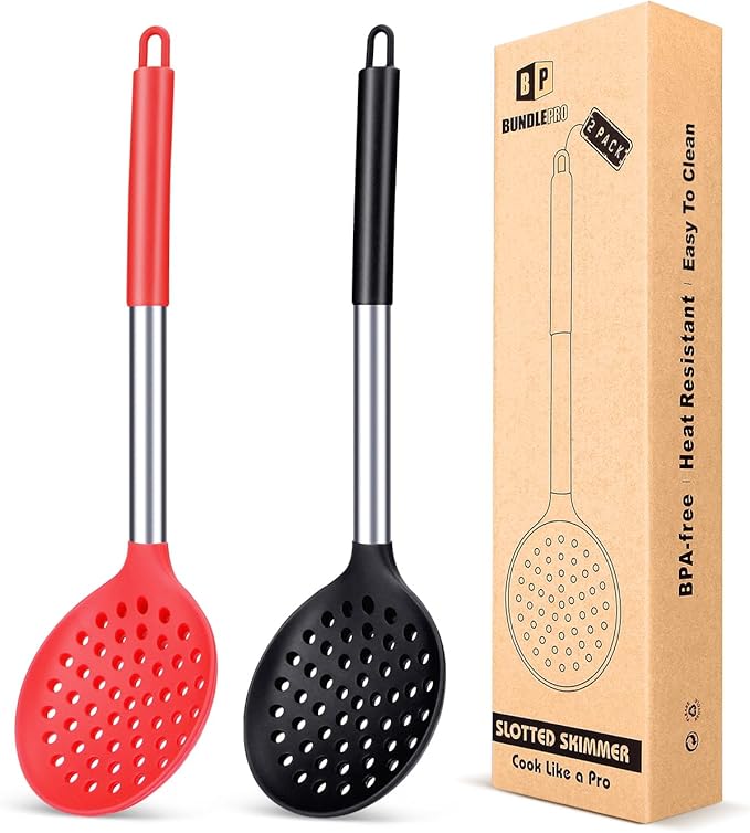 Silicone Kitchen Ladle Strainer, Black-Red, 2 Pack | Slotted Spoon, High Heat Resistant, BPA Free, Non Stick, Ideal for Draining and Frying