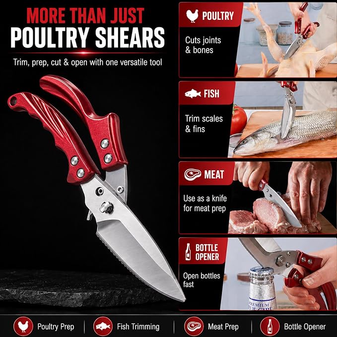 Heavy Duty Poultry Shears, Stainless Steel Kitchen Shears for Chicken, Turkey, Meat & Fish, Detachable Bone Scissors with Serrated Blade, Ergonomic Handle, Dishwasher Safe, Red