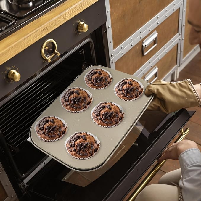 2 Packs Round Muffin Baking Pan, Premium Steel Muffin Pan for Baking, Nonstick Cupcake Tin Cheesecake Pans, Bakeware Muffin Top Pan (6 Cups, Golden)