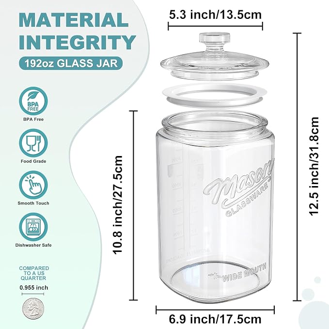 Ritayedet 1.5 Gallon Glass Cookie Jar with Airtight Lid, Large Glass Jar | Wide Mouth Mason Jar with Dual-Scale Markings, Apothecary Jar for Flour, Sugar, Rice, Candy,Coffee, Dog Treat, Laundry Room