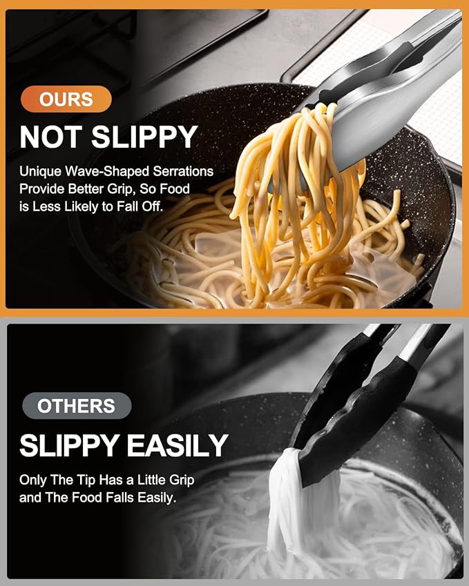 Kitchen Tongs with Teeth for Strong Gripping, 9 and 12-Inch, Black | 5-Layer Heavy Duty Stainless Steel, Good Gripping Teeth Prevent Loss of Food Into The Pot, Pull Lock, Dishwasher Safe, 1500 ℉