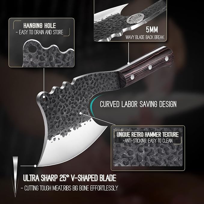 ROCOCO Meat Bone Cleaver Knife for Meat Cutting Handmade Heavy Duty Butcher Axes Hand Forged Full Tang Chopper for Kitchen Outdoor BBQ Chirstmas Mother Father Gifts Idea Men Black