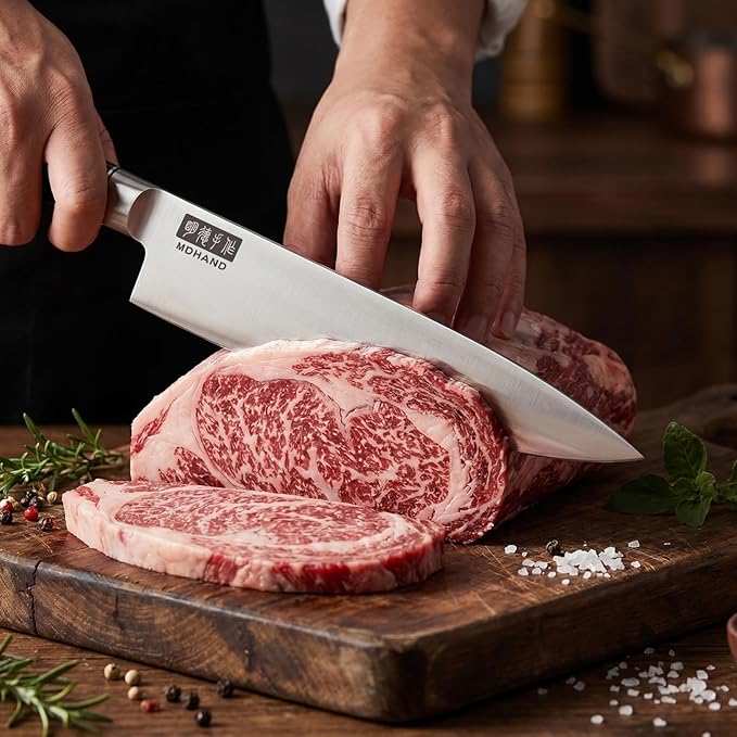 MDHAND Chef Knife, 8 Inch High Carbon Stainless Steel Japanese Kitchen Knife with Black Pakkawood Handle, Ultra Sharp Cooking Knife for Meat Vegetable Cutting, Home & Restaurant, Chef Gifts