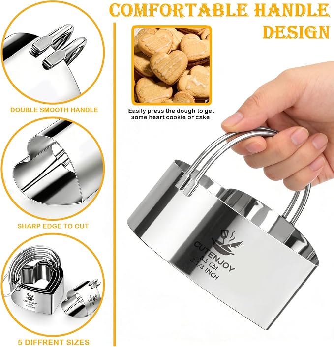 Heart Cookie Cutters, 5 Piece Biscuit Cutters with Handle, Stainless Steel Heart Shaped Cookie Cutter for Sandwiches, Cookie, Biscuit