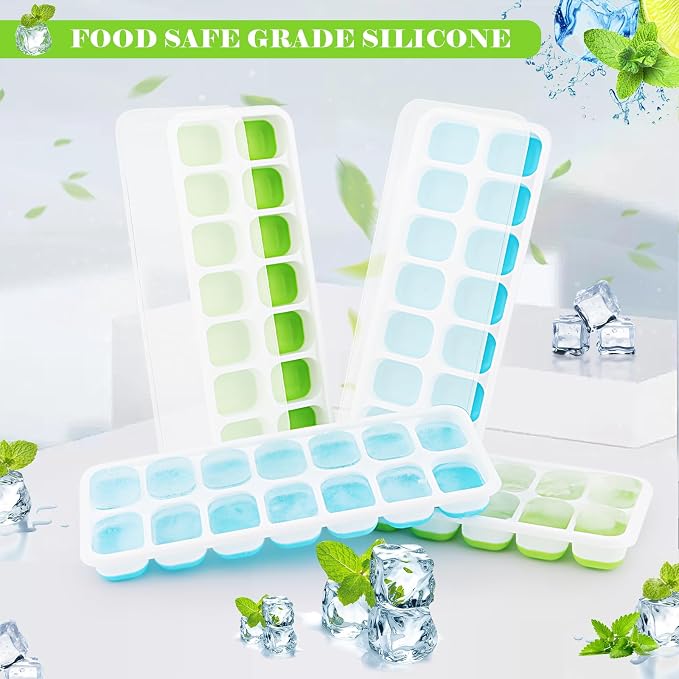 Set of 4 Silicone Ice Cube Trays with Lids, RISVOWO Stackable Ice Cube Mould, LFGB Certified and BPA Free, Reusable Ice Cube Mould for Whisky, Cocktail, Ice Cream, Freezer, Beverages