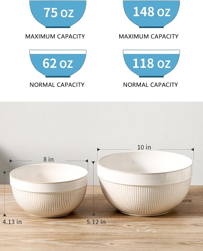 Ceramic Large Glazed White Stripe Mixing Bowls for Kitchen, Set of 2 Big Serving Bowls for Cooking, Popcorn, Salad, Soup, Baking, Dough Bread Making Bowl, 10 inch + 8 inch