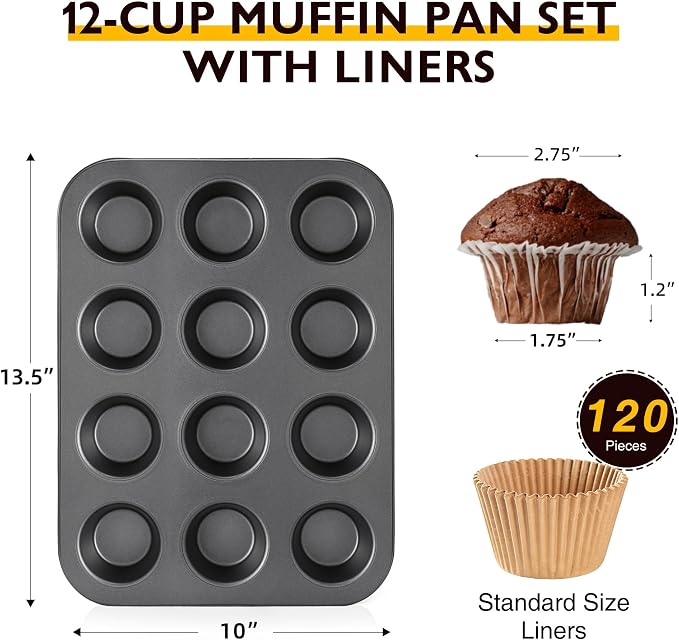 Muffin Pans with 120 Natural Parchment Liners, Nonstick Cupcake Baking Tray for Oven, Premium Standard Size, 12 Cup, 2 Pack, Dark Grey