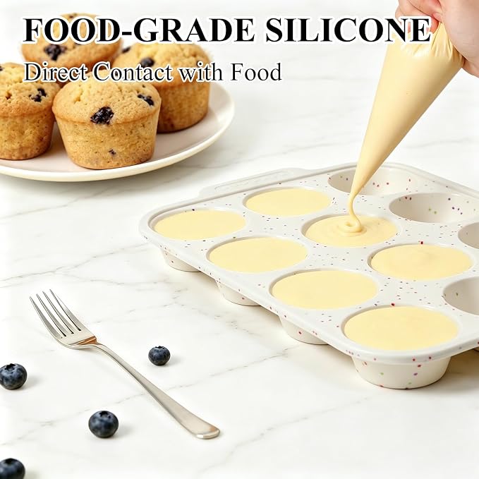 Vinino 12 Cup and 6 Cup Silicone Muffin Pans with Reinforced Frame, Cream | Silicone Muffin Pans Set for Baking with Non-Slip Handle, Nonstick Muffin Tray for Oven, BPA Free, Dishwasher Safe-Cream
