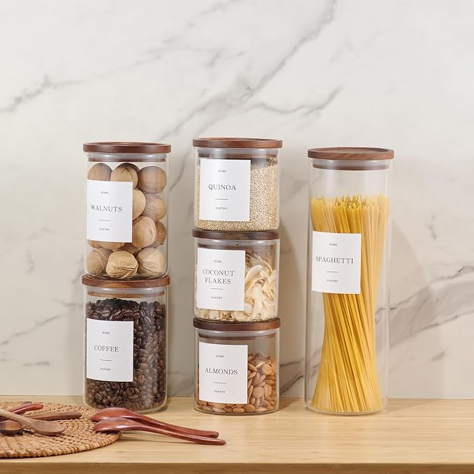 3 Pack Glass Containers with Acacia Lids, 45oz Pantry Airtight Storage Jars | Kitchen Canister Set with 105 Labels, Pantry Food Storage Containers with Wood Lids for Oats, Flour, Coffee, Sugar, Pasta
