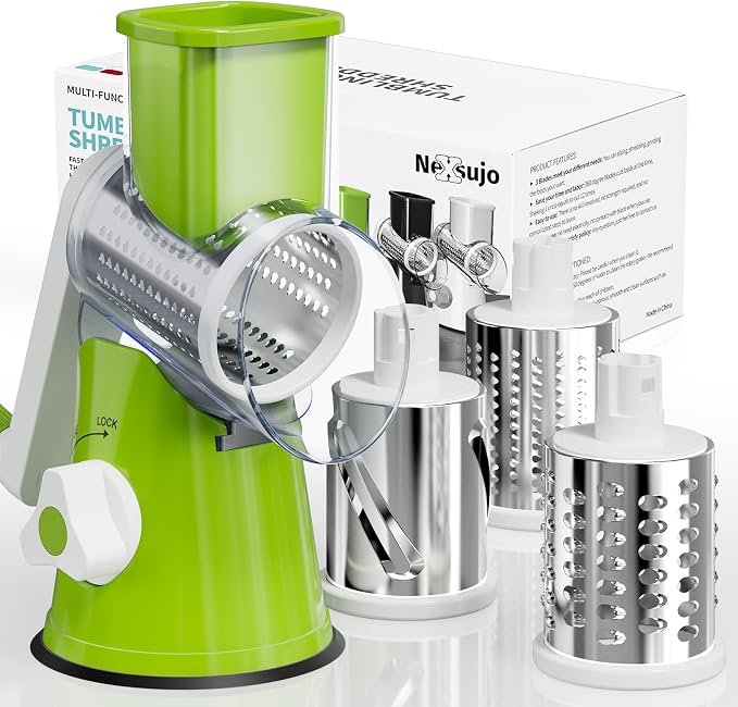 Rotary Cheese Grater Hand Crank, 3 Blades Slicer Shredder, Cheese Grater for Kitchen, Multi-Functional Kitchen Tool for Vegetables, Nuts, Chocolate, with Strong Suction Base, Green