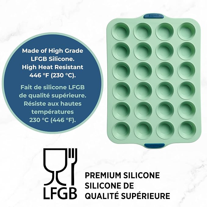Starfrit Silicone Bakeware 24 Mini Muffin Pan with Integrated Metal Frame - Premium Silicone BPA-Free - Heat Resistant - Ergonomic Handles - Easy Release - Oven & Dishwasher Safe - Green