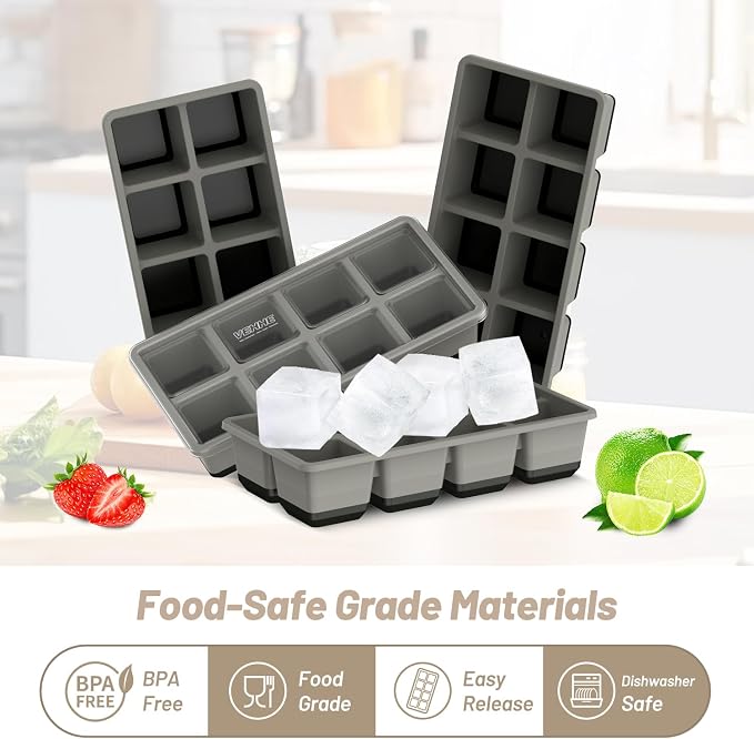 VEHHE Ice Trays for Freezer with Lid, Reusable BPA Free Silicone Ice Cube Tray, Stackable Ice Cube Mold （Black-gray）