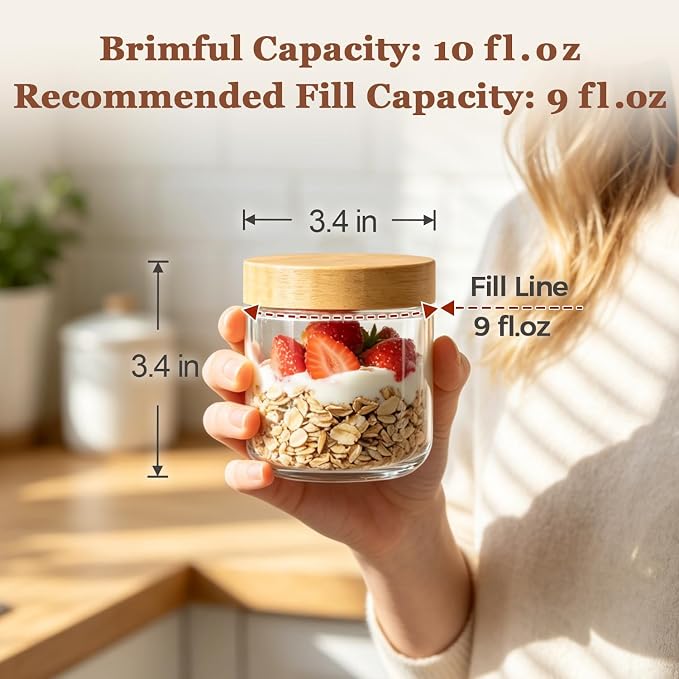 ComSaf Overnight Oats Containers with Lids 10 oz, Small Glass Jars 4 Pack | Mason Jars, Plastic Liner, Portable Yogurt Containers, Leakproof and Reusable Parfait Cups, Light Breakfast, Meal Prep, Oat