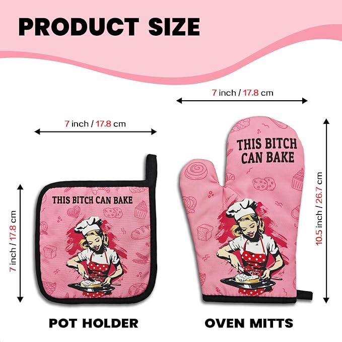 Funny Oven Mitts and Pot Holders（Set of 2） This Can Bake Heat Resistant Mitts Retro Silicone Non-Slip Oven Mitts Kitchen Gift for Men Women Great Birthday Gift for Bake Lover Chef Mom