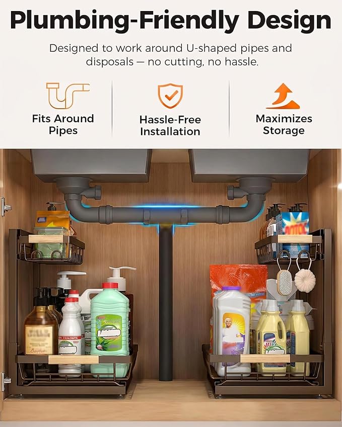 2-Pack 2-Tier Height Adjustable Under Sink Organizer & Storage | Multi-purpose storage for kitchen & bathroom cabinet. Extra Large brown shelf, height adjustable design for space-saving.