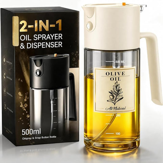 Costop Oil Sprayer for Cooking, 2025 Large Advanced Olive Oil Dispenser Bottle,500ml/17oz Glass Olive Oil Sprayer,2 in 1 Even Spray with Portion Control for Kitchen, Air Fryer, Salad, BBQ - White