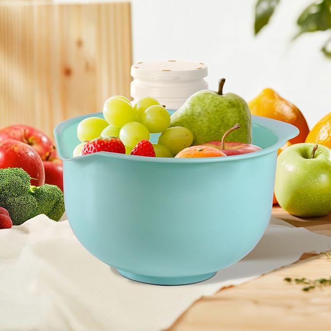 Nesting Plastic Mixing Bowls, Set Of 3, 1.5 quart, 2 quart, 2.5quart, Nesting Bowls with Non Slip Base and Easy Pour Spout, Dishwasher Safe (Green Pink Grey)