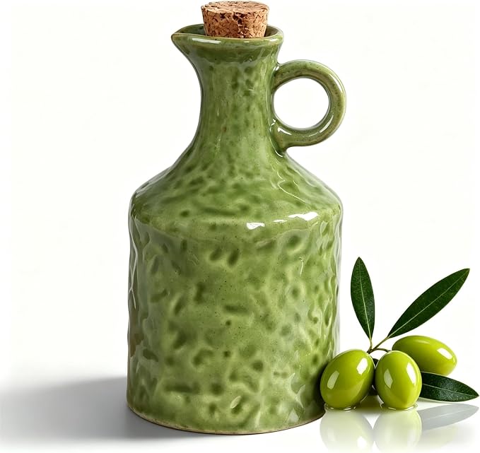 13.5oz Olive Green Ceramic Olive Oil Dispenser with Cork Stopper | , Reactive Glaze Bottle, Leak-Proof Small Spout, Ideal for Kitchen Storage of Vinegar, Wine, Soy Sauce and Lemon Juice