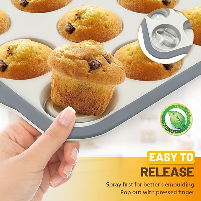 Silicone Muffin Pan, 12 Cups Non-Stick Cupcake Pan, Food-Grade BPA-Free Muffin Tin, Oven-Safe 450 °F, Reinforced Steel Frame, Easy-Grab Handles, Quick-Release 2.3" Baking Molds for Mini Treats