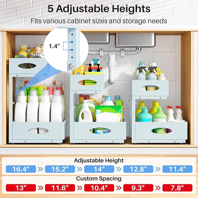 Under Sink Organizer, 2 Pack 2 Tier Pull Out Under Cabinet Organizer Shelf with Pad for Framed Cabinets, Metal Slide Out Under Sink Storage, Mesh Sliding Drawers for Kitchen Bathroom Laundry, Blue