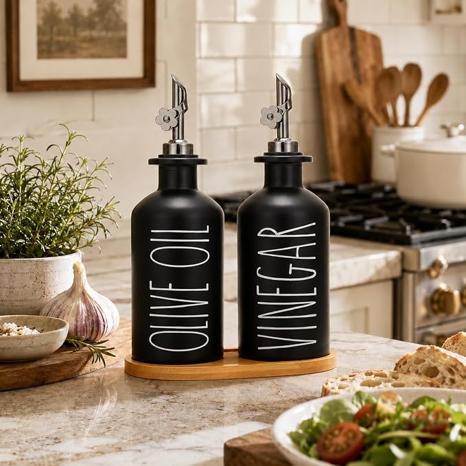 HOMCDALY Premium Olive Oil Dispenser for Kitchen, 11.8oz Glass Oil Bottles with Bamboo Tray, Black Oil&Vinegar Cruet Set, Kitchen Dispenser Bottles with Pourer | Set of 2 (11.8oz –P–Black)