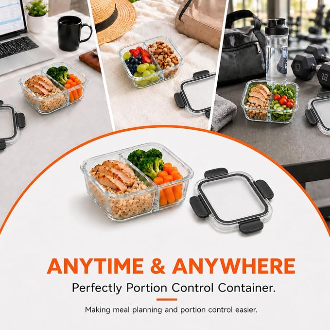 3 Pack Bariatric Meal Prep Containers, 8oz Glass Snack Containers | Glass Bariatric Portion Control Containers with Two 4 oz Compartments, Reusable Lunch Box Bento Box with Lids,Black