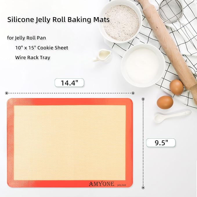 AMYONE Silicone Baking Mats for 10x15" Jelly Roll Pan, Platinum, 2PCS | Compatible with Nordic Ware Naturals Jelly Roll Pans/Swiss Roll Pans, Nonstick Reusable Food Grade Silicone