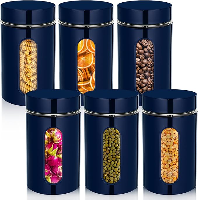 6 Pack Kitchen Canisters Set Airtight Coffee Sugar Tea Storage Jars with Window Glass Stainless Steel Containers with Lids for Flour Cookies Spices Grains Kitchen Decorations (Navy Blue,32 oz)