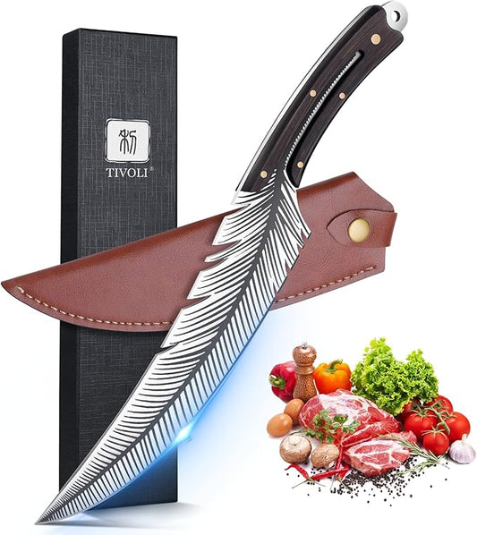 TIVOLI Feather Carving Knife,8 inch Boning Butcher Knife for Meat Cutting, Hand Forged High Carbon Steel Viking Fillet Knife for Brisket Outdoor Camping BBQ Father's Day Christmas Gift Men Women