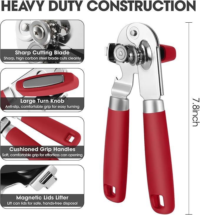 UHIYEE Classic Manual Can Opener for Home Kitchen, Durable 420J2 Stainless Steel Handheld Opener with Magnetic Lid Lifter & Easy-Turn Oversized Knob for Arthritis, Red