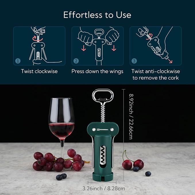 KITCHENDAO 3 in 1 Wing Corkscrew Wine Bottle Opener with Foil Cutter, Built-in Beer Bottle Opener, Multifunctional Wine Opener with Non-Stick Sharp Screw, Easy to Use, Manual Wine Corkscrew, Green