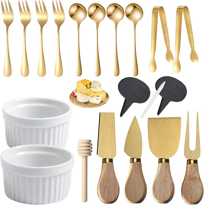 Charcuterie Board Accessories Set - Charcuterie Utensils Kit with Cheese Knives, Spoons & Forks, Ceramic Dipping Bowls, Mini Tongs, Cheese Markers, Honey Dipper for Charcuterie & Grazing Board (Gold)
