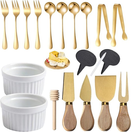 Charcuterie Board Accessories Set - Charcuterie Utensils Kit with Cheese Knives, Spoons & Forks, Ceramic Dipping Bowls, Mini Tongs, Cheese Markers, Honey Dipper for Charcuterie & Grazing Board (Gold)