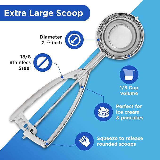 Jenaluca Extra Large Ice Cream Scoop, 18/8 Stainless Steel, 1/3 Cup, #12 | Commercial grade disher for ice cream, pancakes, burgers & food portions. Squeeze handle. Dishwasher safe.
