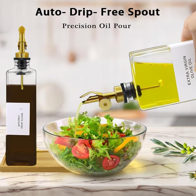 Olive Oil Dispenser Bottle for Kitchen with Bamboo Tray- Glass Oil & Vinegar Dispenser Set 16.9oz, Olive Oil Cruet, Elegant Kitchen Gift for Home Cooks(Clear, Set of 2)