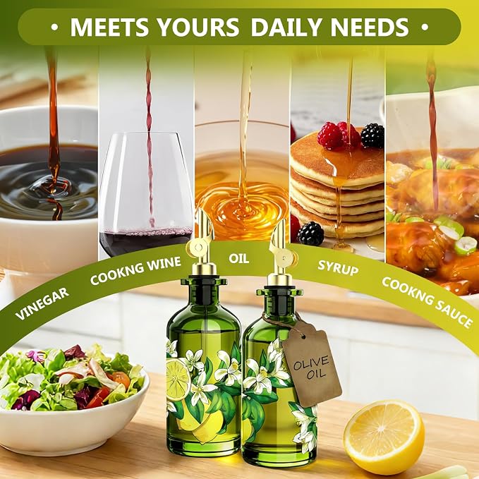 Olive Oil Dispenser Bottle for Kitchen, 12oz/350ml Extra Thick Glass Oil and Vinegar Cruet with Stainless Steel Pourer, Funnel & Cleaning Brush, Premium Oil Dispenser Set (Lemon)