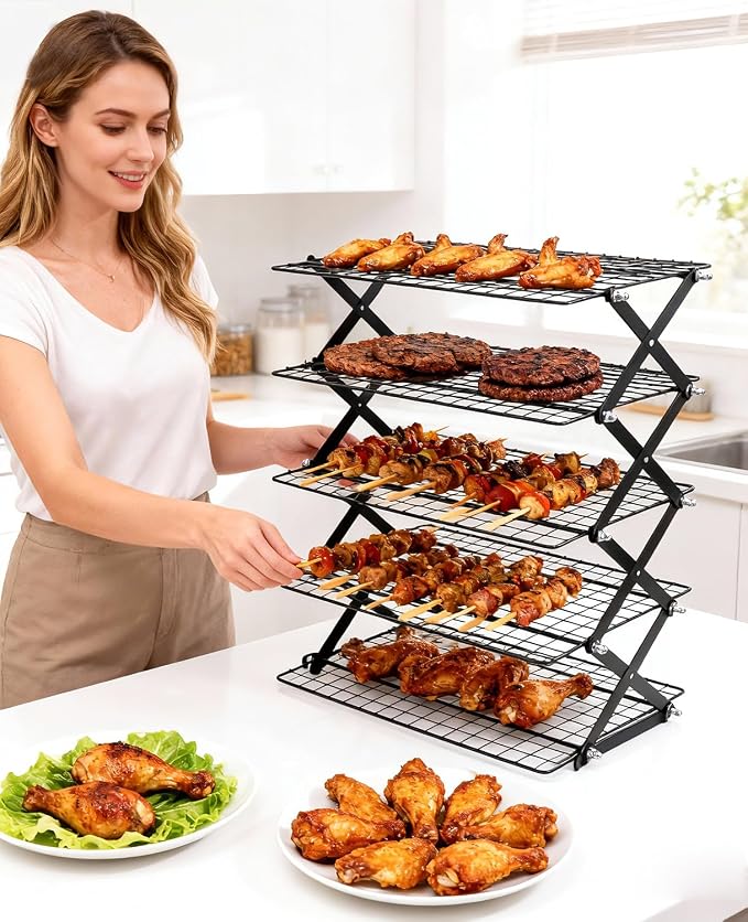 5 Tier Collapsible Cooling Rack, 2/3/4/5-Tier Upgraded,Adjustable ＆ Stackable Baking Rack, 5 Modes Cooling Racks for Cooking and Baking, Roasting ＆ Grilling Gifts for Picnic Party