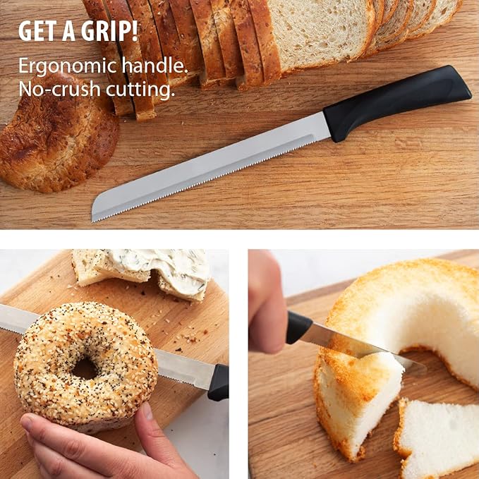 Rada Cutlery Anthem Series 8" Bread Knife (W443), Stainless Steel Serrated Blade, Black Handle, Pack of 2