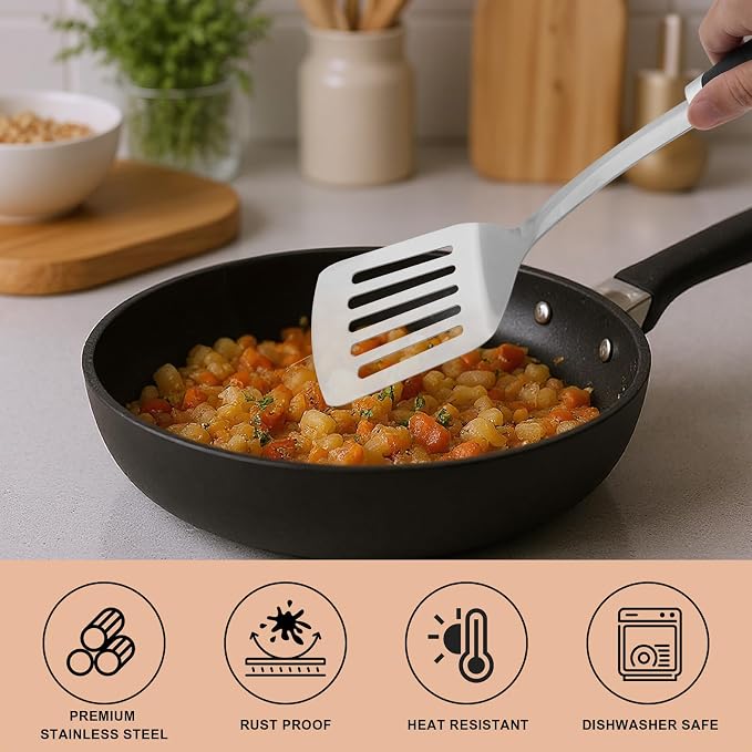3 Piece Stainless Steel Cooking Utensils Set, Metal Slotted Spoon, Slotted Turner Spatula and Skimmer Set for Cooking, Frying, Serving, Dishwasher Safe
