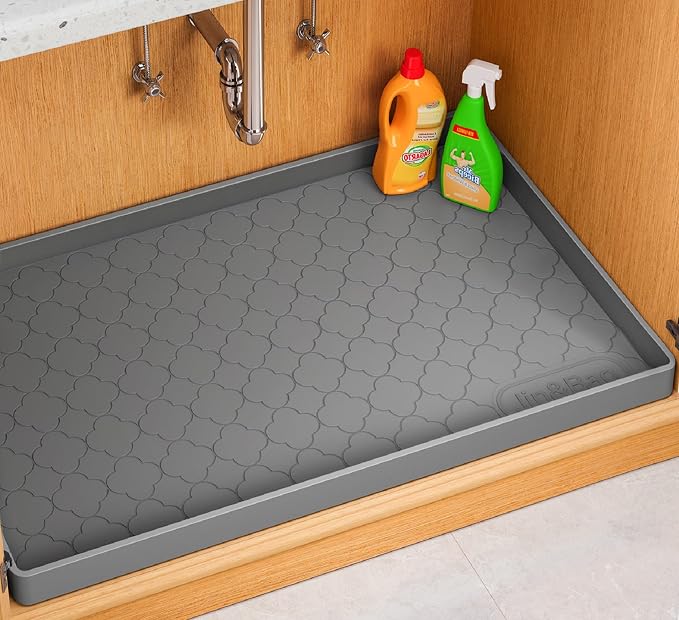 Jin&Bao Under Sink Mat 34" x 22" Waterproof Silicone Cabinet Kitchen Liner | Silicone kitchen cabinet protector, bathroom shelf liner, raised edge traps leaks, anti-slip, easy to clean & dishwasher safe