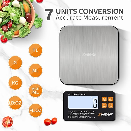 Food Scales with Split Wireless LCD Display 33lb/15kg Digital Kitchen Scale 304 Stainless Steel 1g High Precision 7 Units for Cooking Baking Electric Weighing Coffee with PCS Tare Function